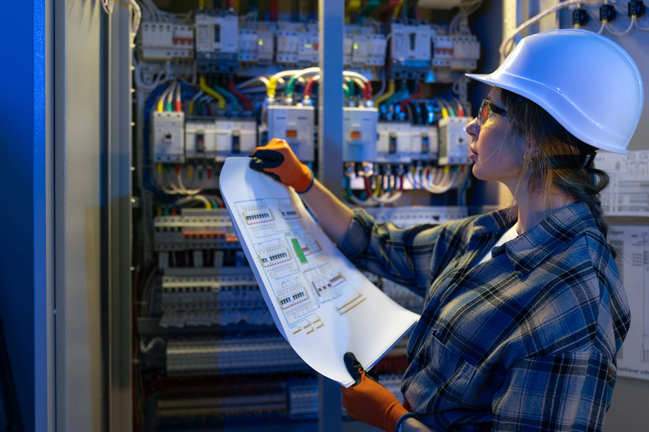 Electrical technician reviewing wiring plans